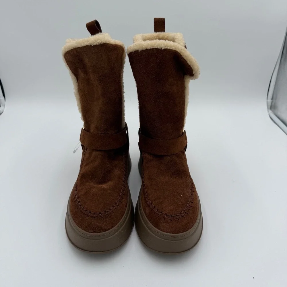 NWOT Odissi Suki Suede Harness Winter Booties Shearling Lined Platform Boots 8.5
